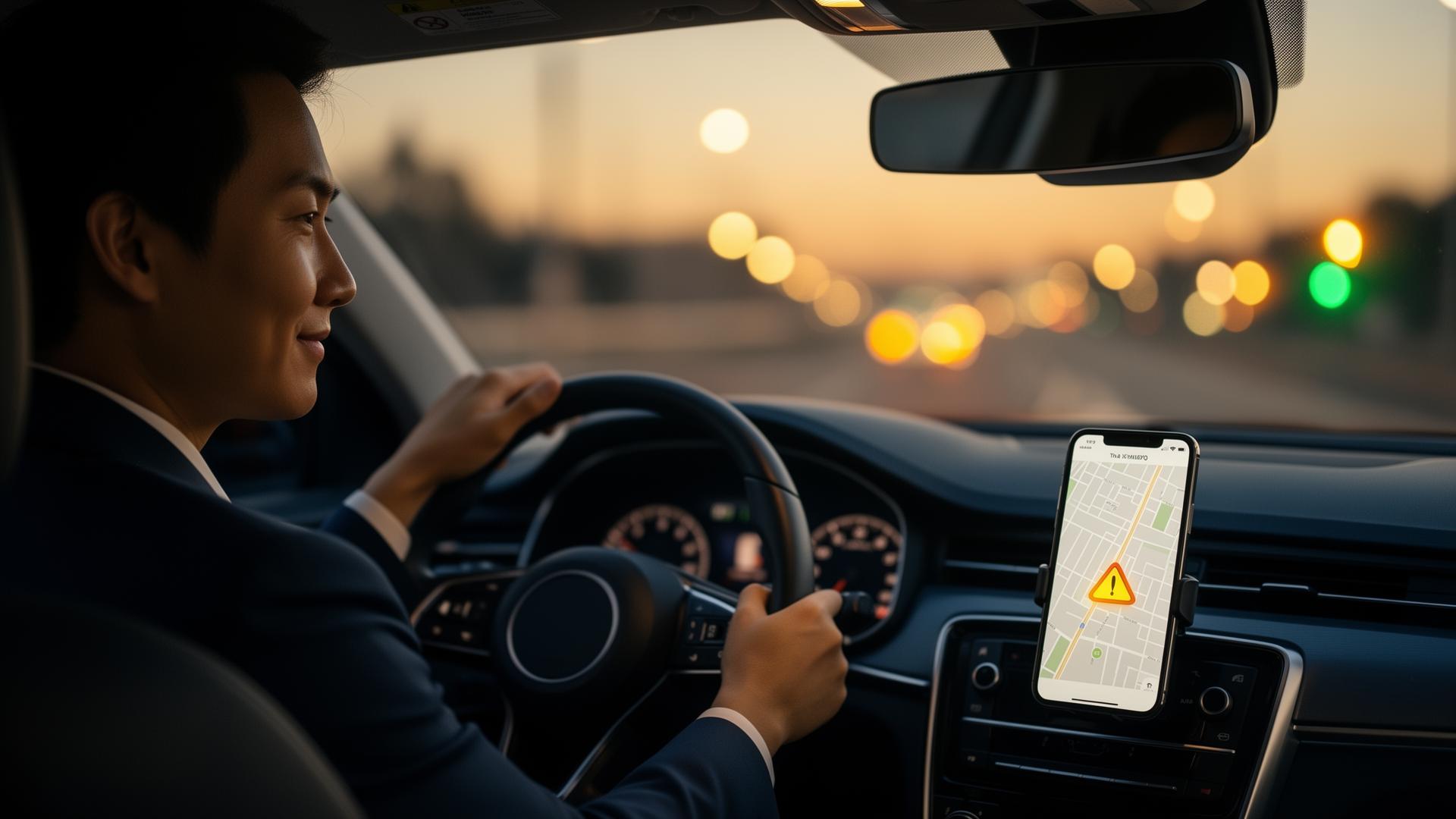 A calm driver glances at a Waze warning ahead at dusk — a quiet signal, well before the road stops them.
